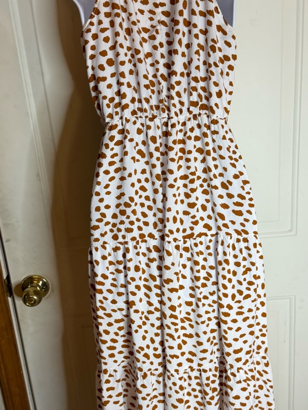 Womens Halter Midi Dress Small White Brown Dalmatian Print Flowy Summer Dress - Picture 2 of 2